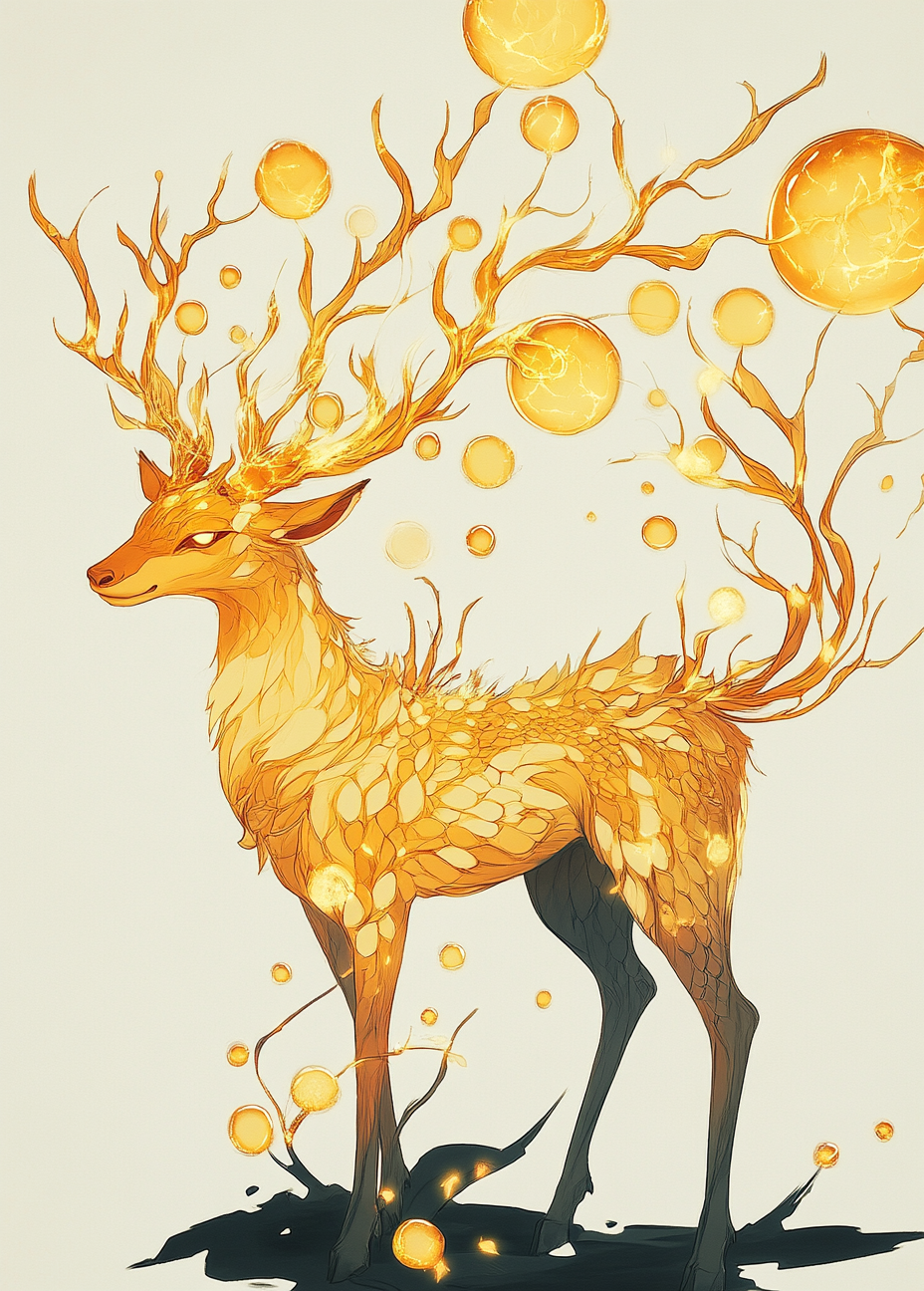 Golden deer-lion-dragon with orbs, divine creature