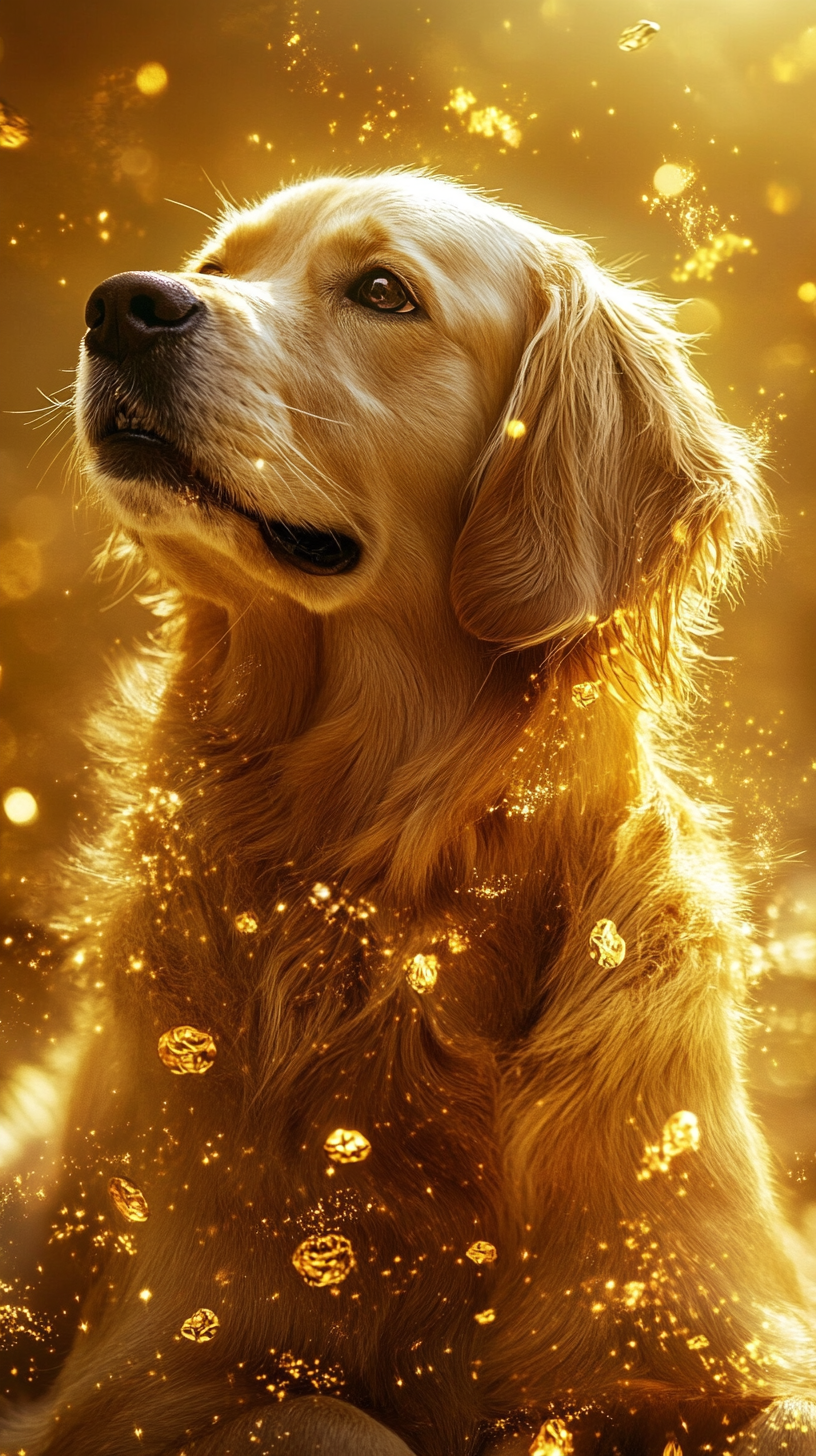 Golden dog with powers, eyes and fur shining gold.