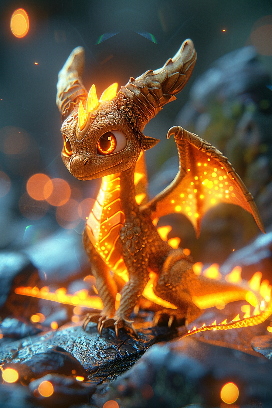 Golden dragon with glowing wings in magical cave.