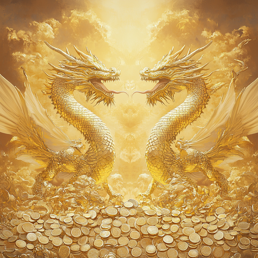 Golden dragons roaring in symmetrical balance with clouds