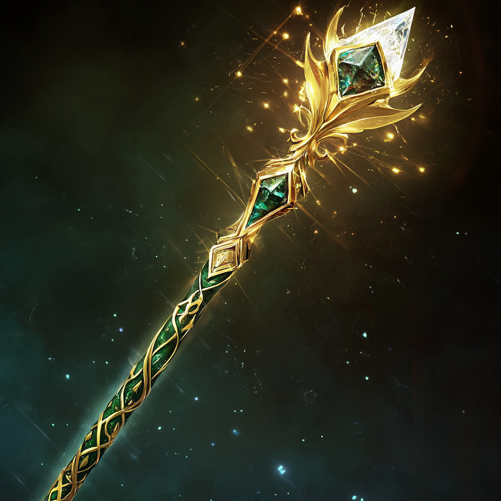 Golden fey scepter with white diamond, magical and regal.