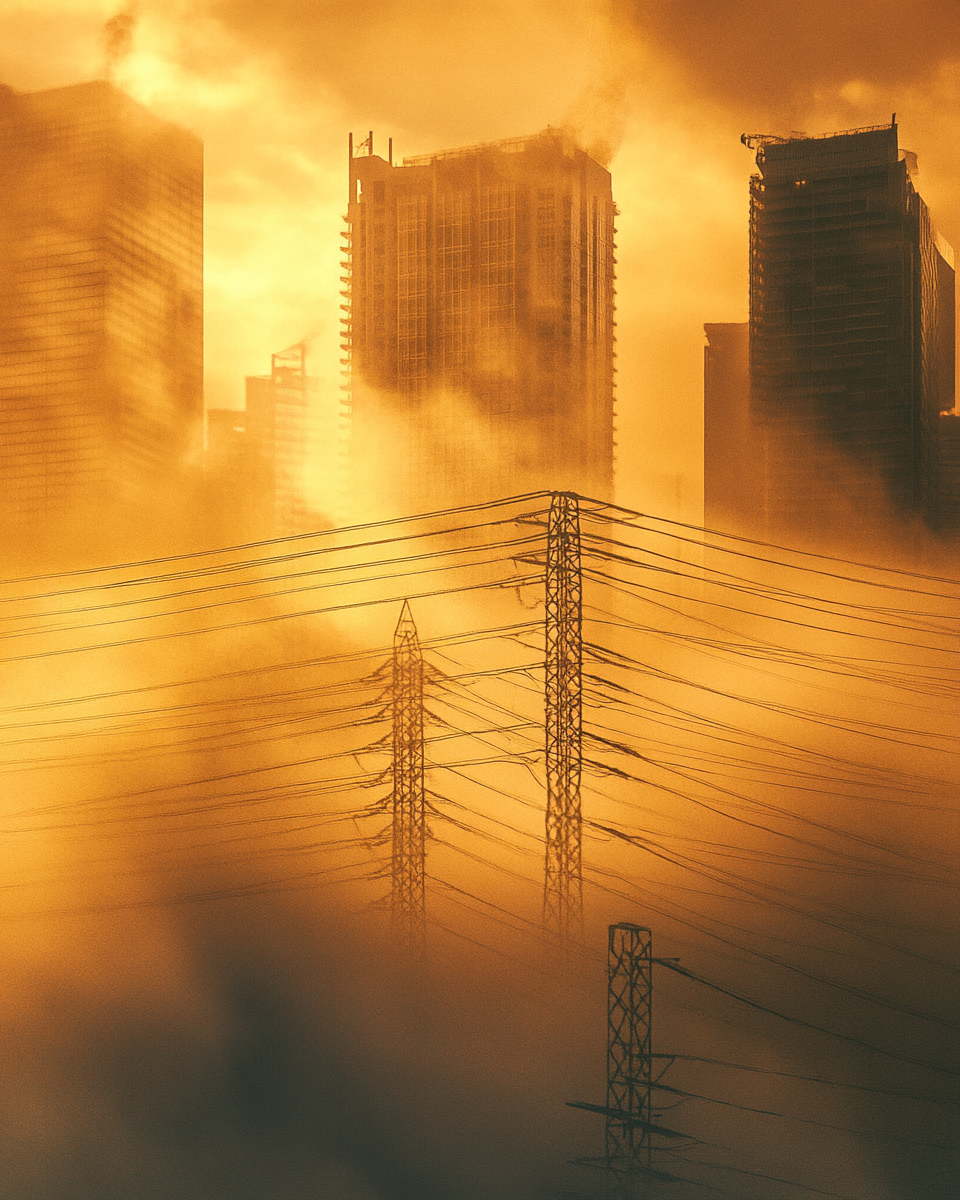 Golden fog envelops city with towering transmission lines