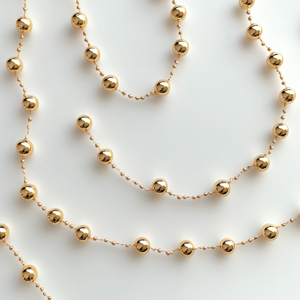 Golden garland made of small round beads on thread.