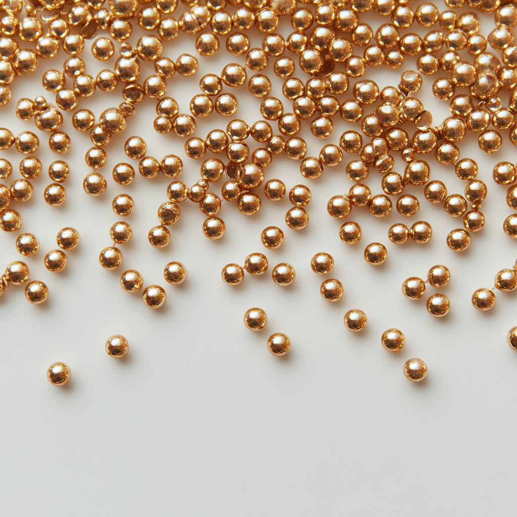 Golden garland of small round beads on white background.