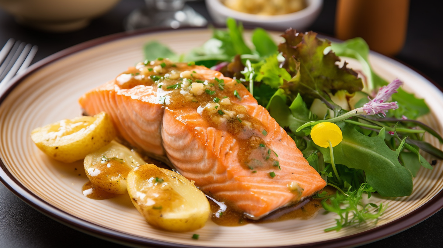 Golden glazed salmon fillets with boiled potatoes & veggies.