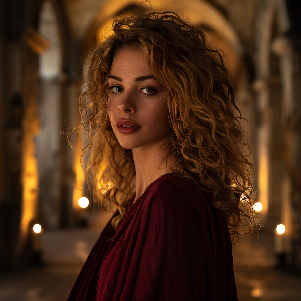 Golden haired woman in red robe at castle