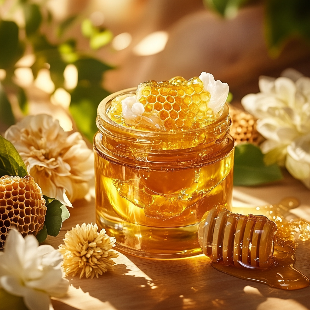 Golden honey cream in elegant glass jar