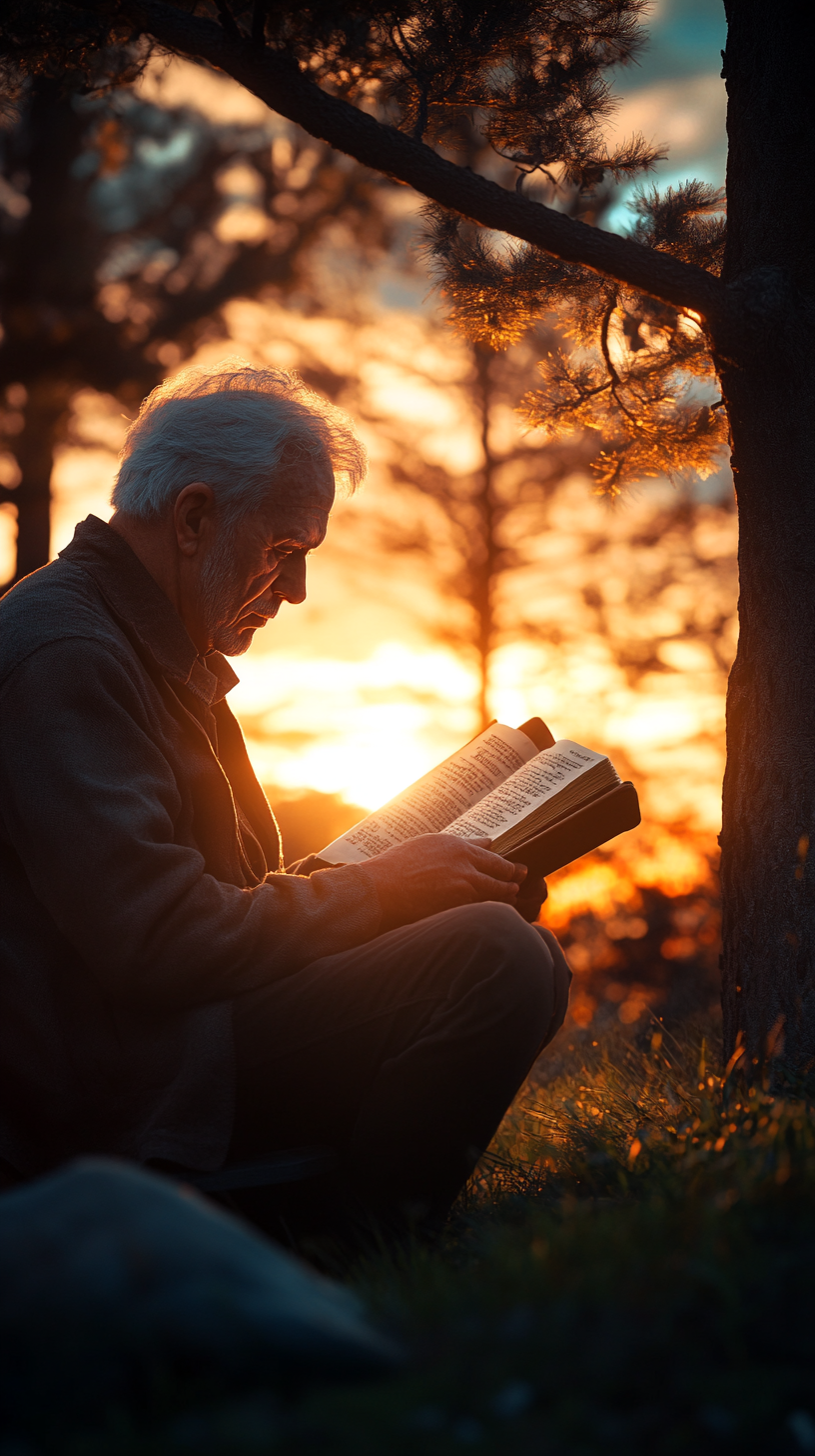 Golden hour image of Preacher Billy Graham reading Bible.