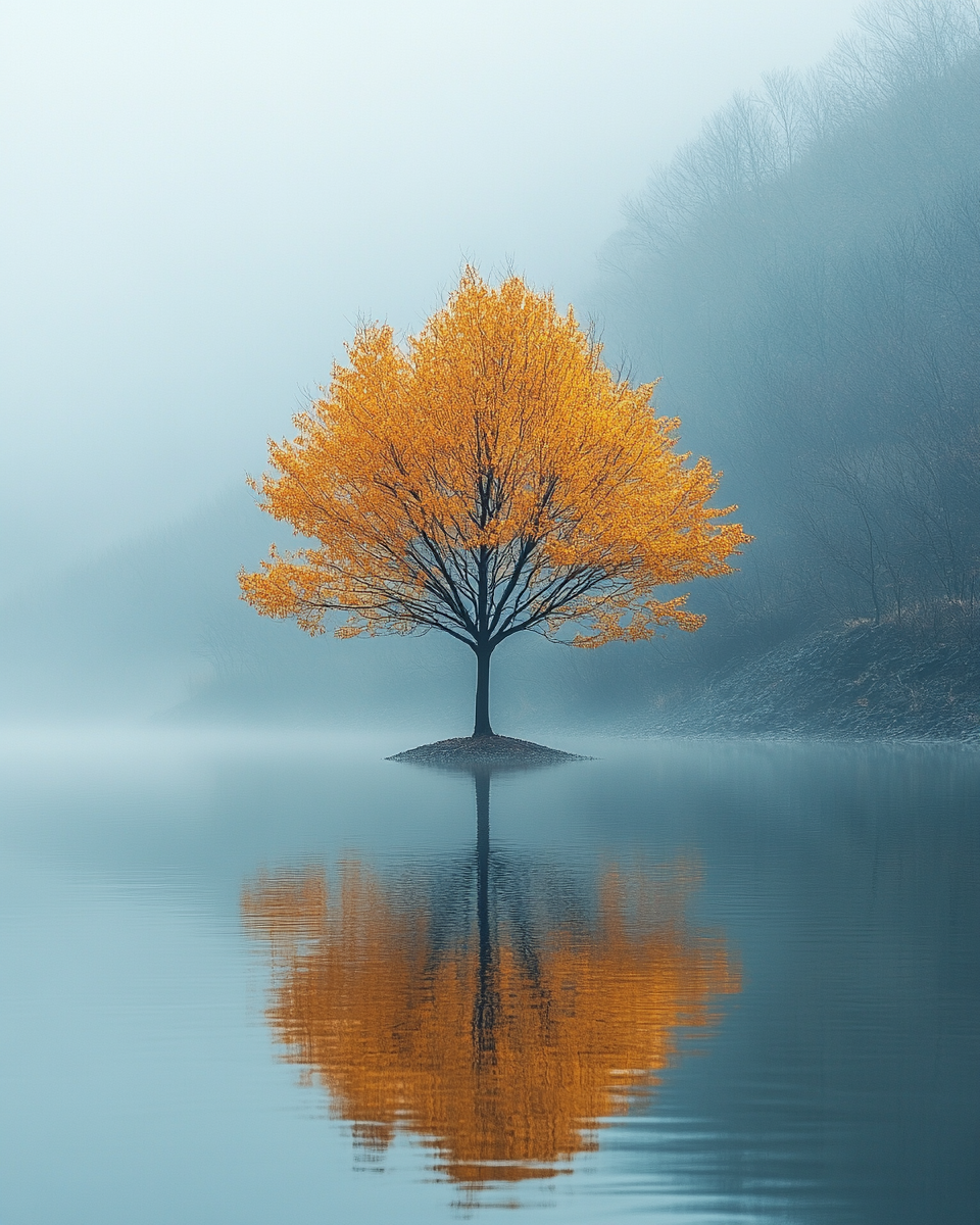 Golden-leafed tree stands in calm water under blue sky.