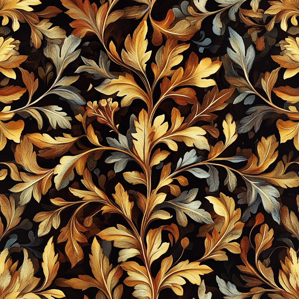 Golden leaves swirling in repeating forest pattern – nostalgic essence.