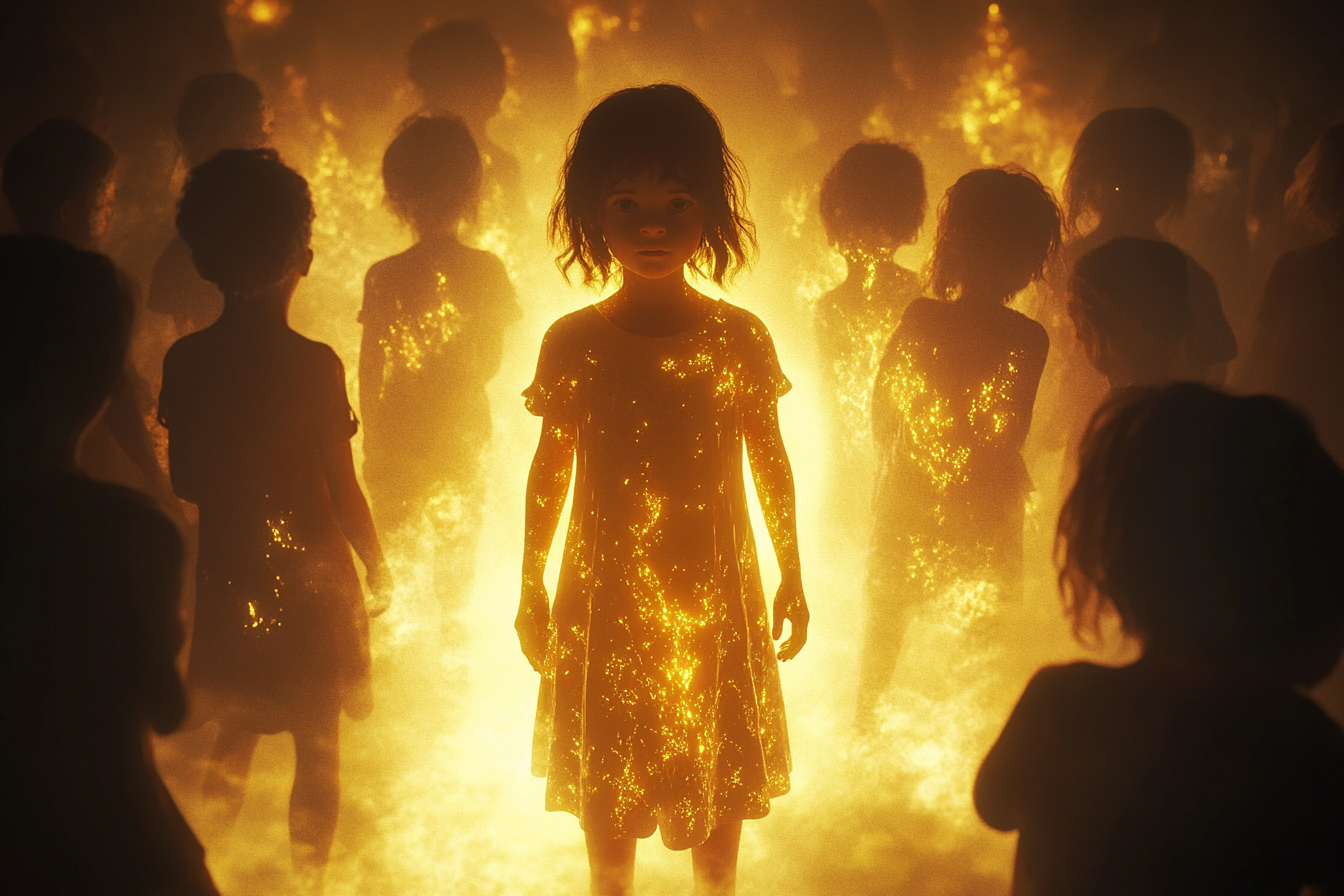 Golden light surrounds girl child and group of children.