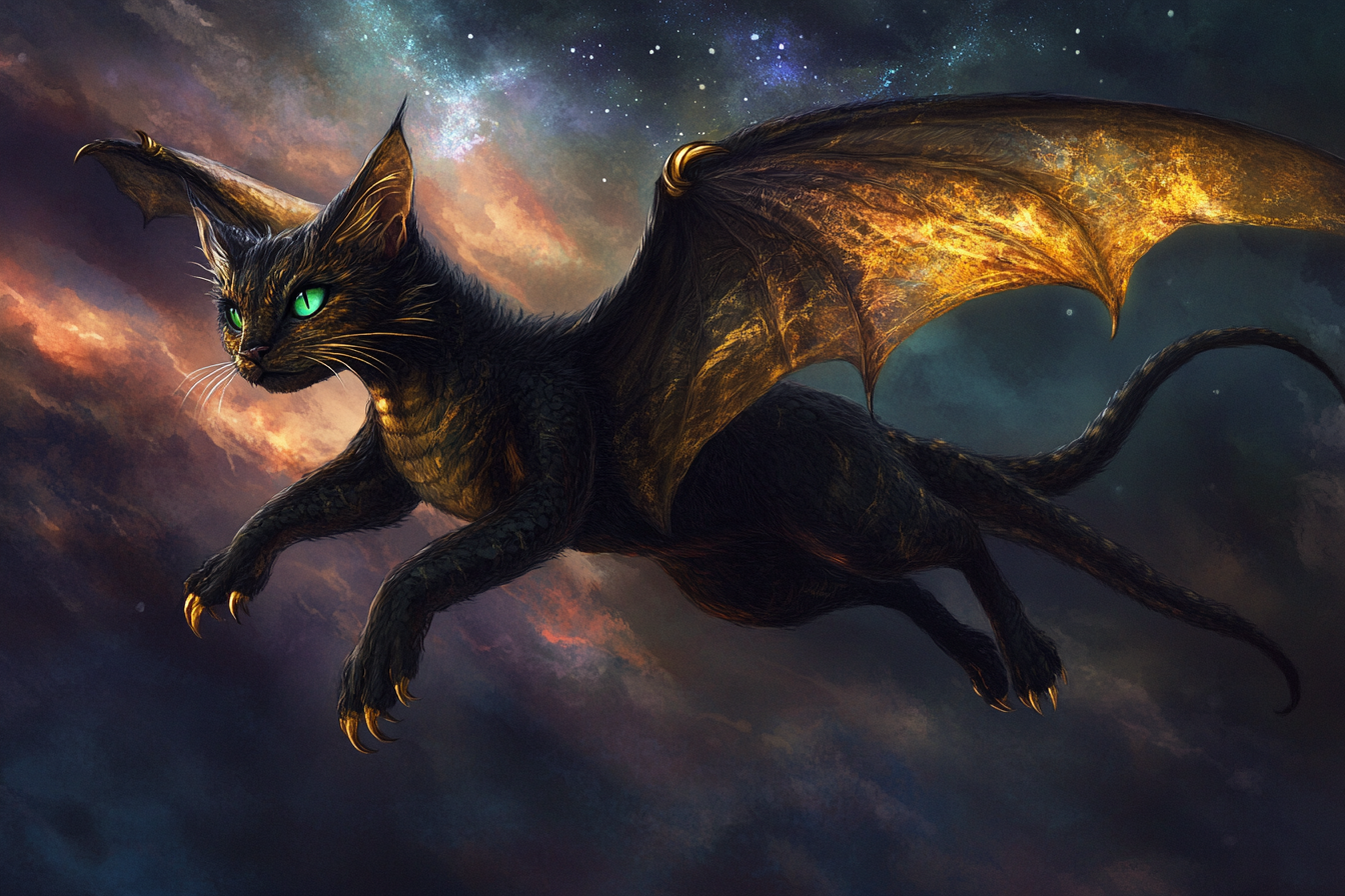 Golden-maned, black dragon with cat paws hovers in sky.