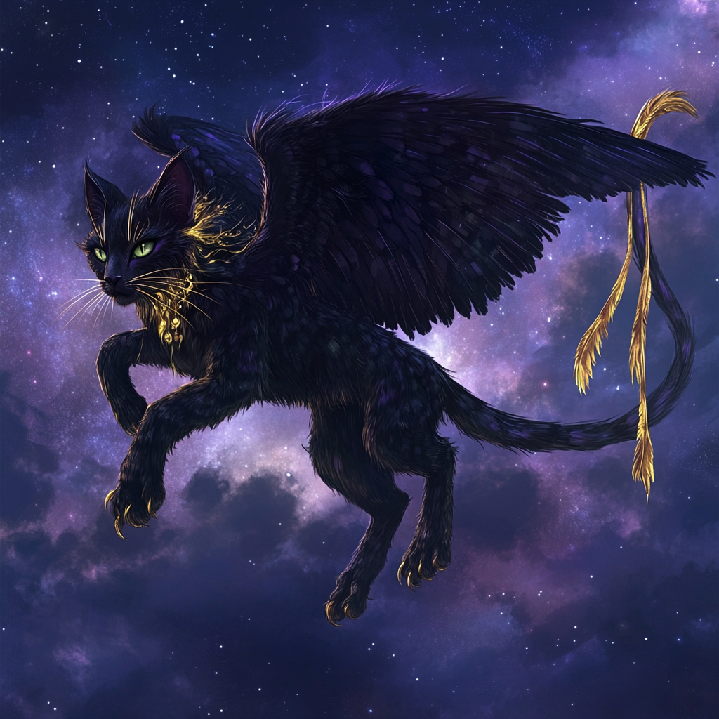 Golden-maned, cat-faced creature with black wings in night sky.