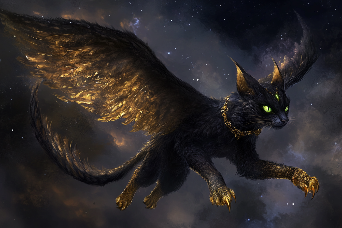 Golden-maned black fox-faced creature hovers with silky wings.