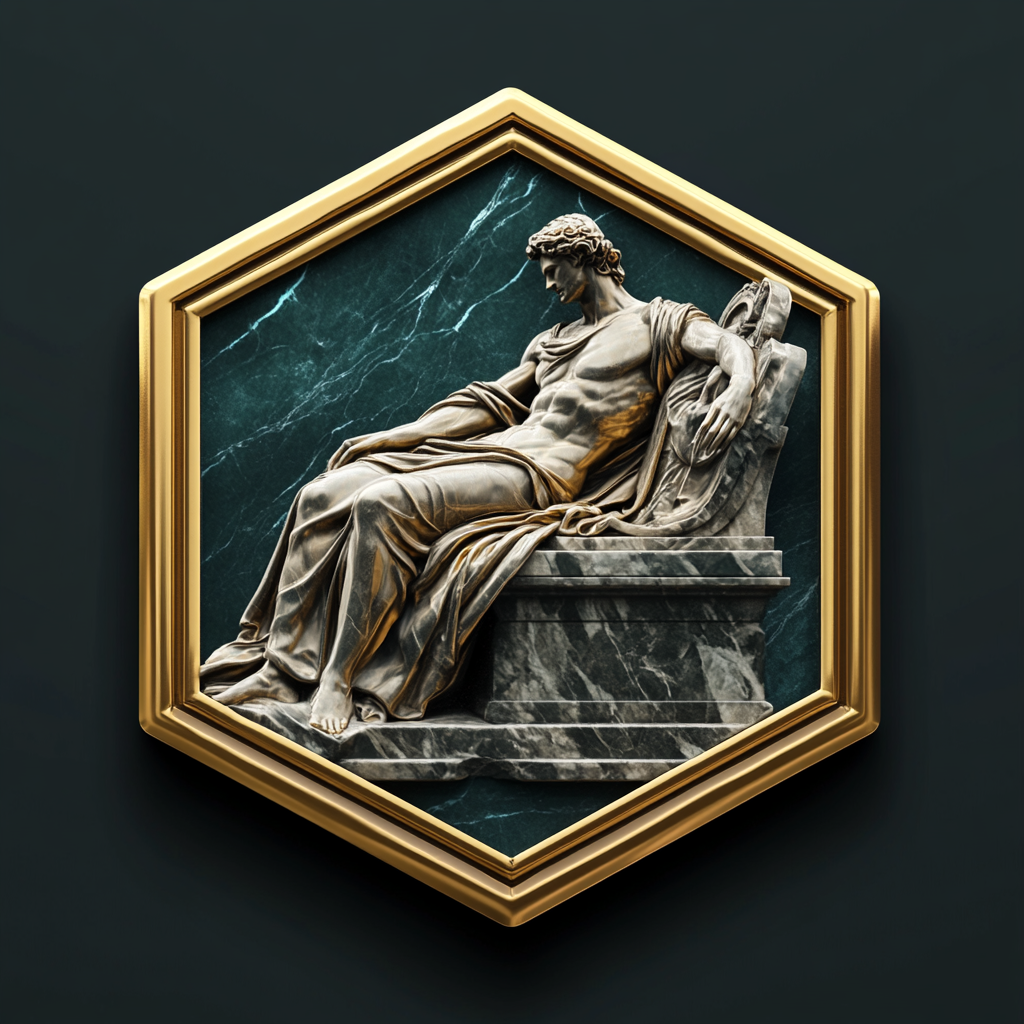 Golden outlined hexagonal badge with Greek statue and teal accents