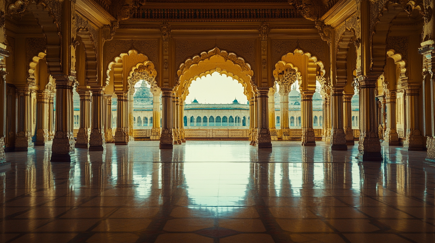 Golden palace interior with large central rectangle window.