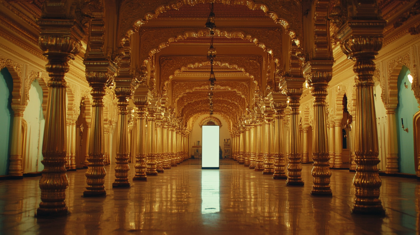 Golden palace interior with rectangle mirror, cinematic film look.