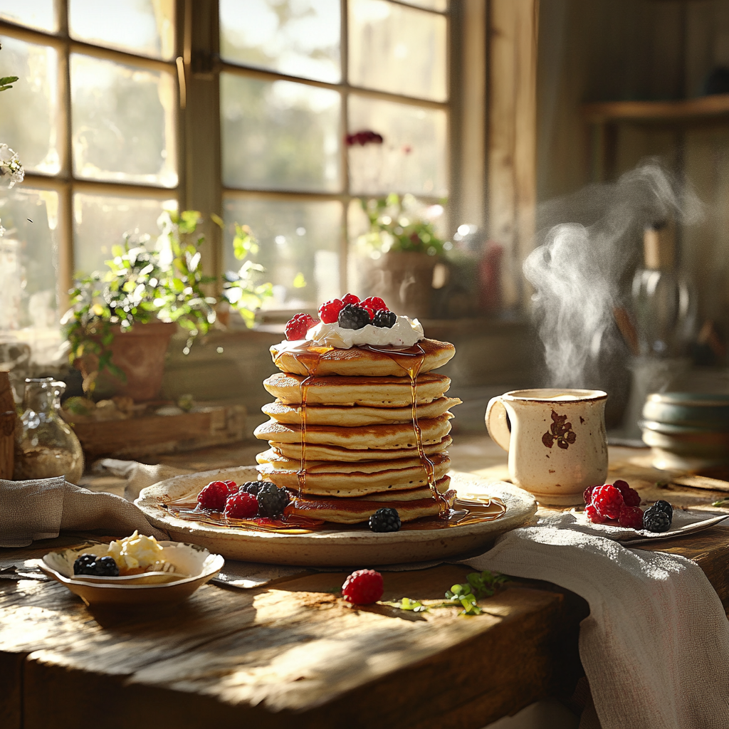 Golden pancakes stacked high with fresh berries and syrup.