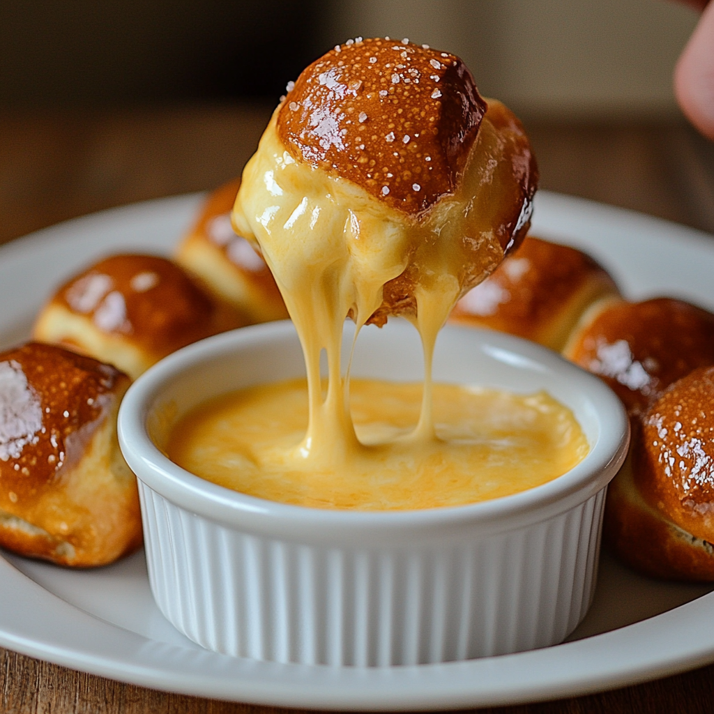 Golden pretzel bites with cheddar cheese sauce