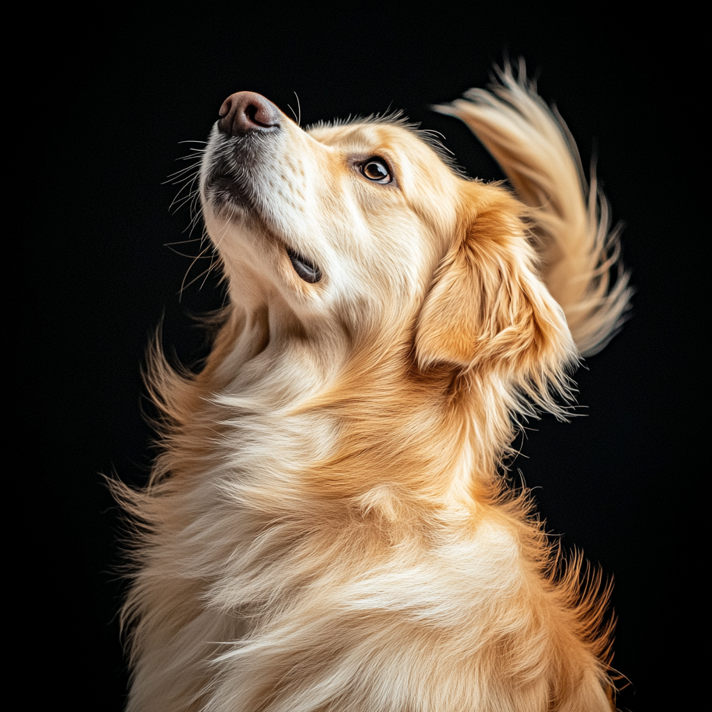 Golden retriever happy, fur illuminated, bright light commercial photography.