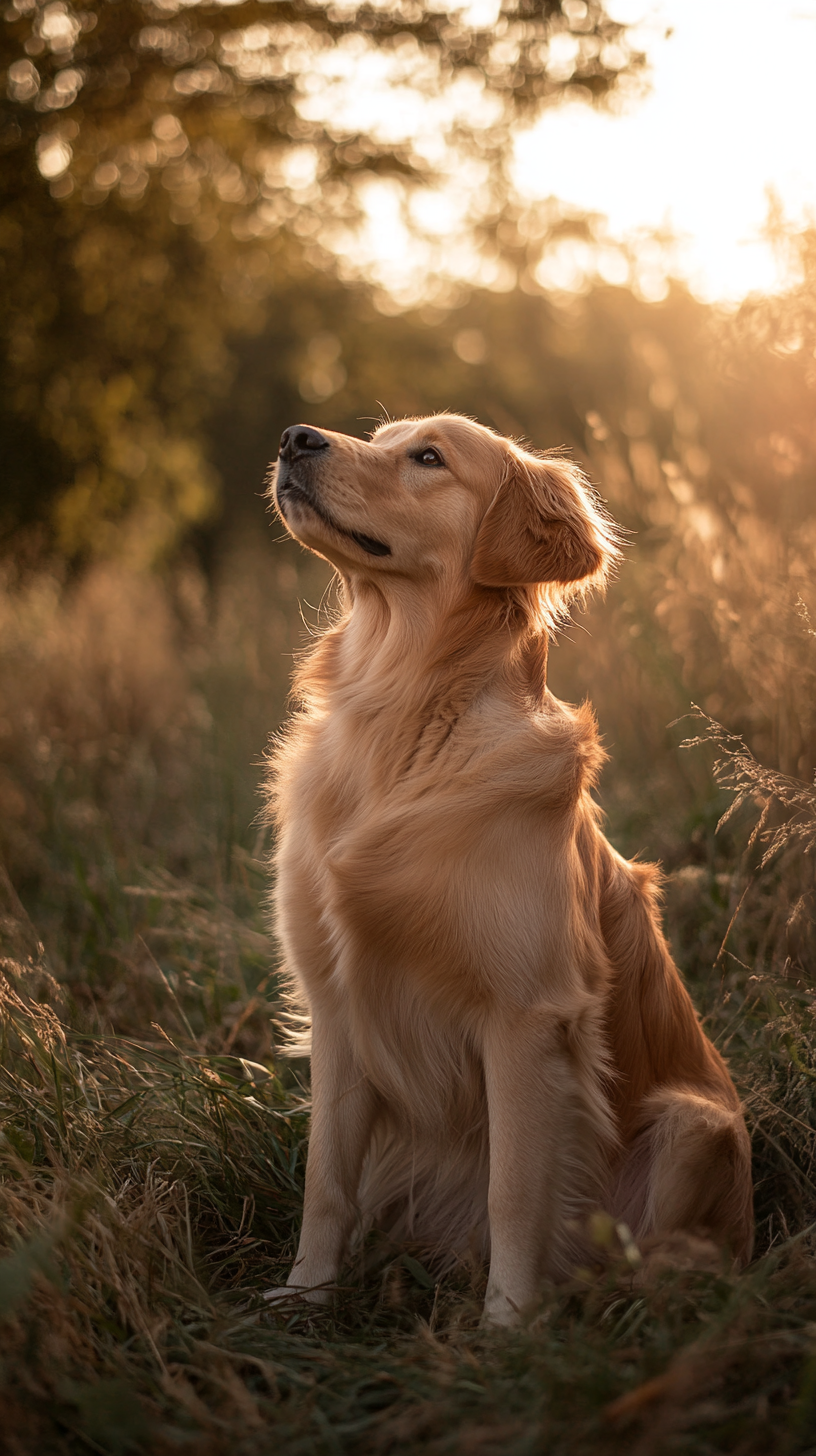 Golden retriever happy in grassy field with bright light.