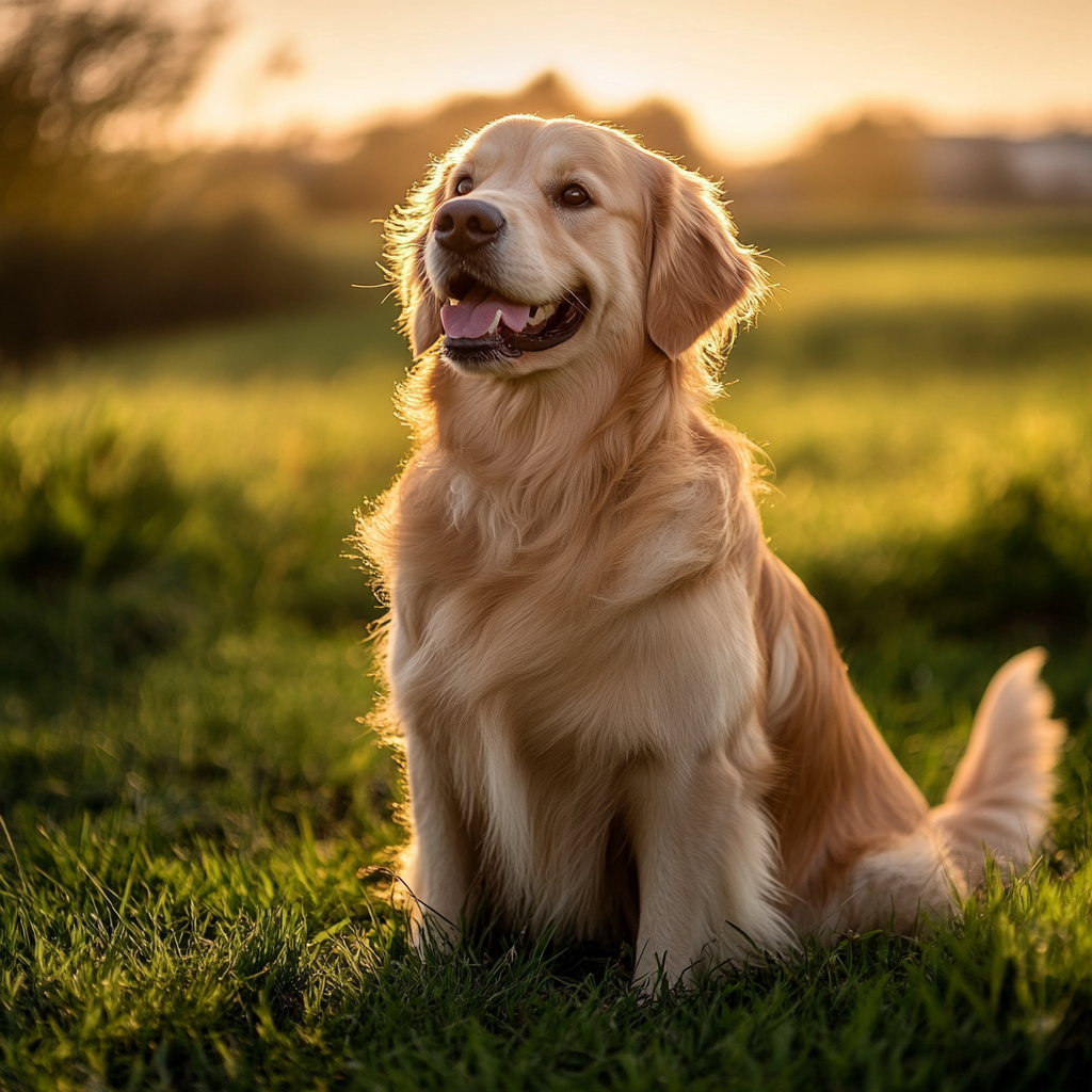 Golden retriever in grassy field, wagging tail happily.