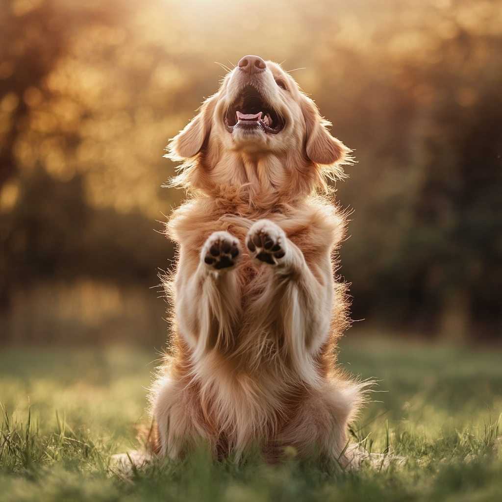 Golden retriever on grass looks happy, fluffy fur. Bright light, high-definition texture.