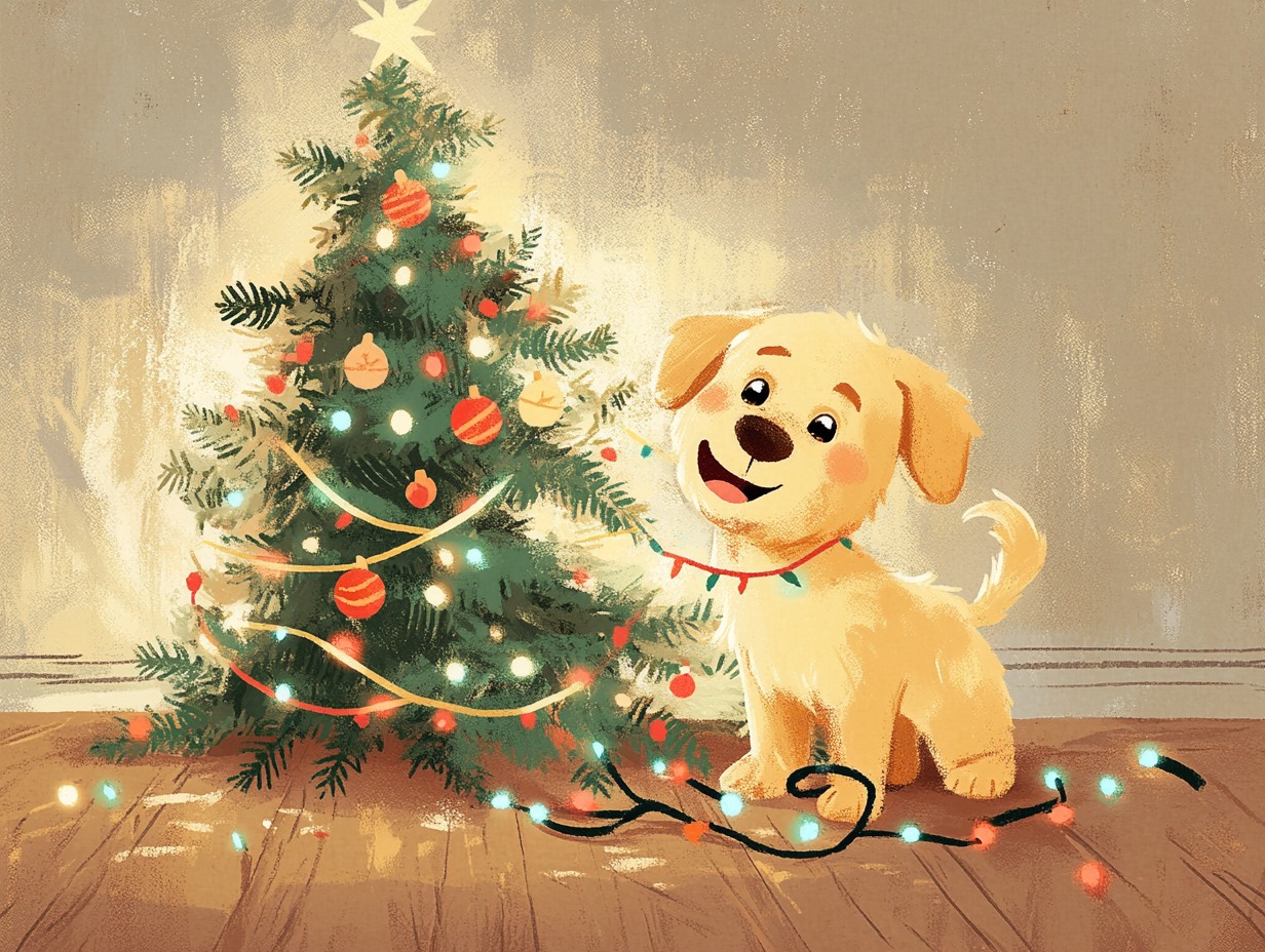 Golden retriever puppy tangled in Christmas lights near toppled tree.