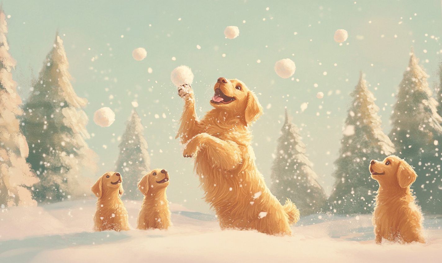 Golden retriever pups in snowball fight, Christmas fun.