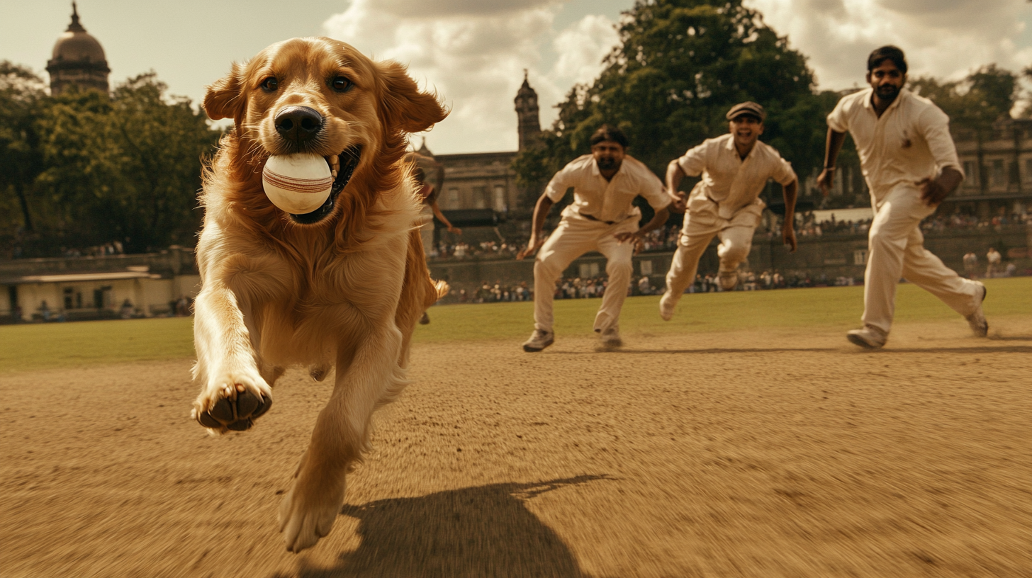 Golden retriever running with cricket ball, chased by players.