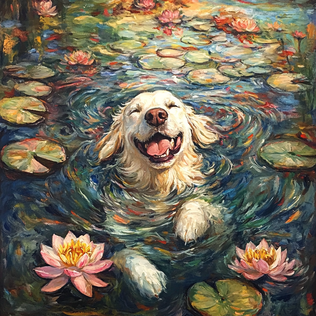 Golden retriever swimming in Monet's water lilies pond.