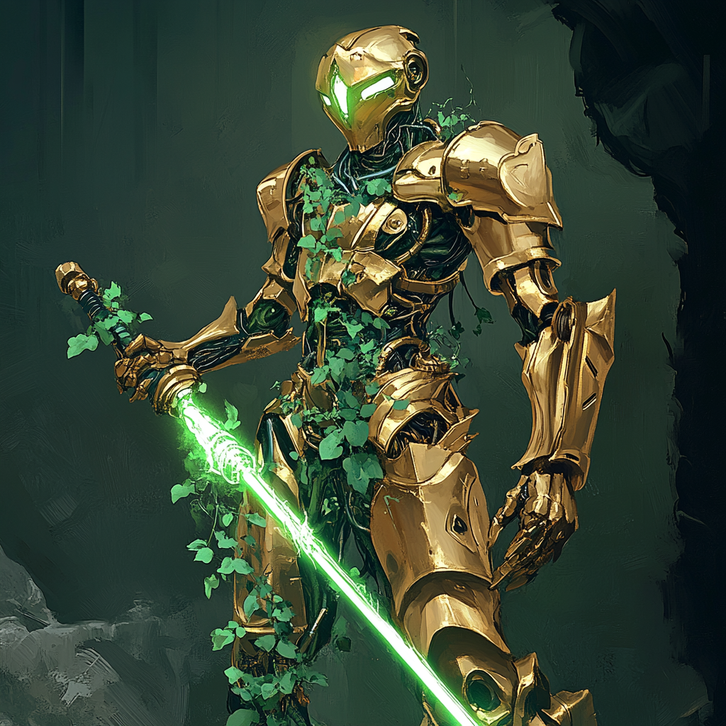 Golden robot with vines and plasma sword- A masterpiece!