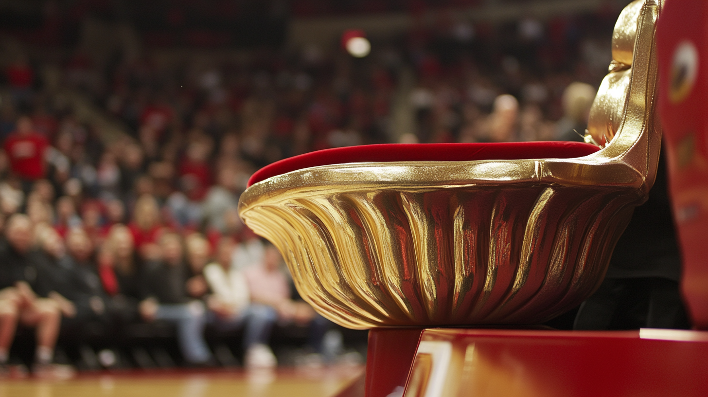 Golden seat shines at basketball game with cheering fans.