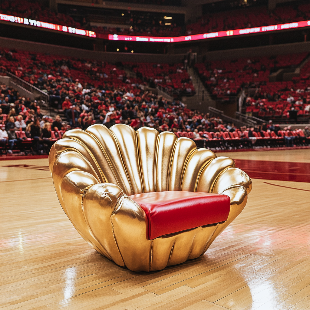 Golden shell chair near basketball court with cheering fans.