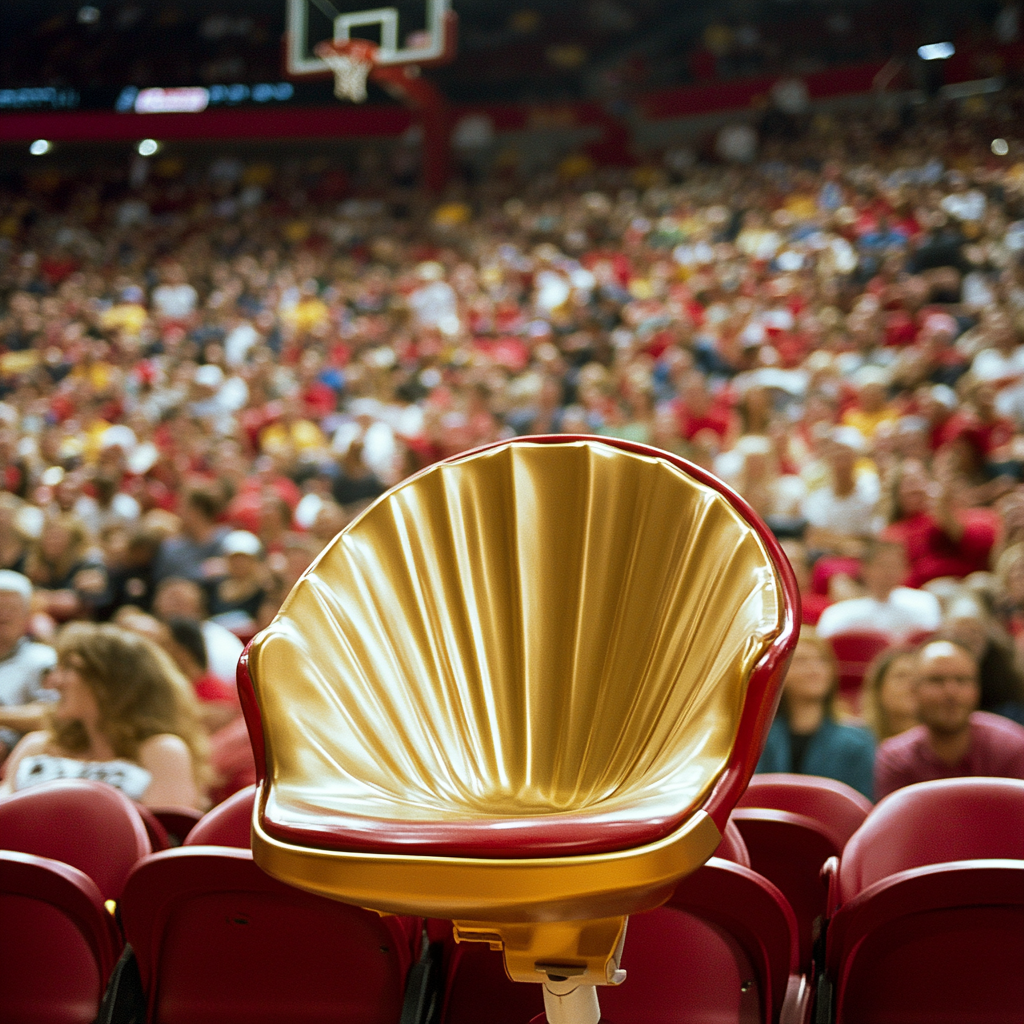 Golden shell seat at basketball game cheers fans.