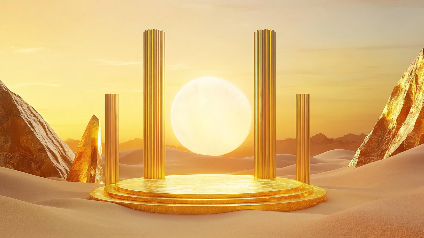 Golden structure with Roman columns under cosmic sunset.