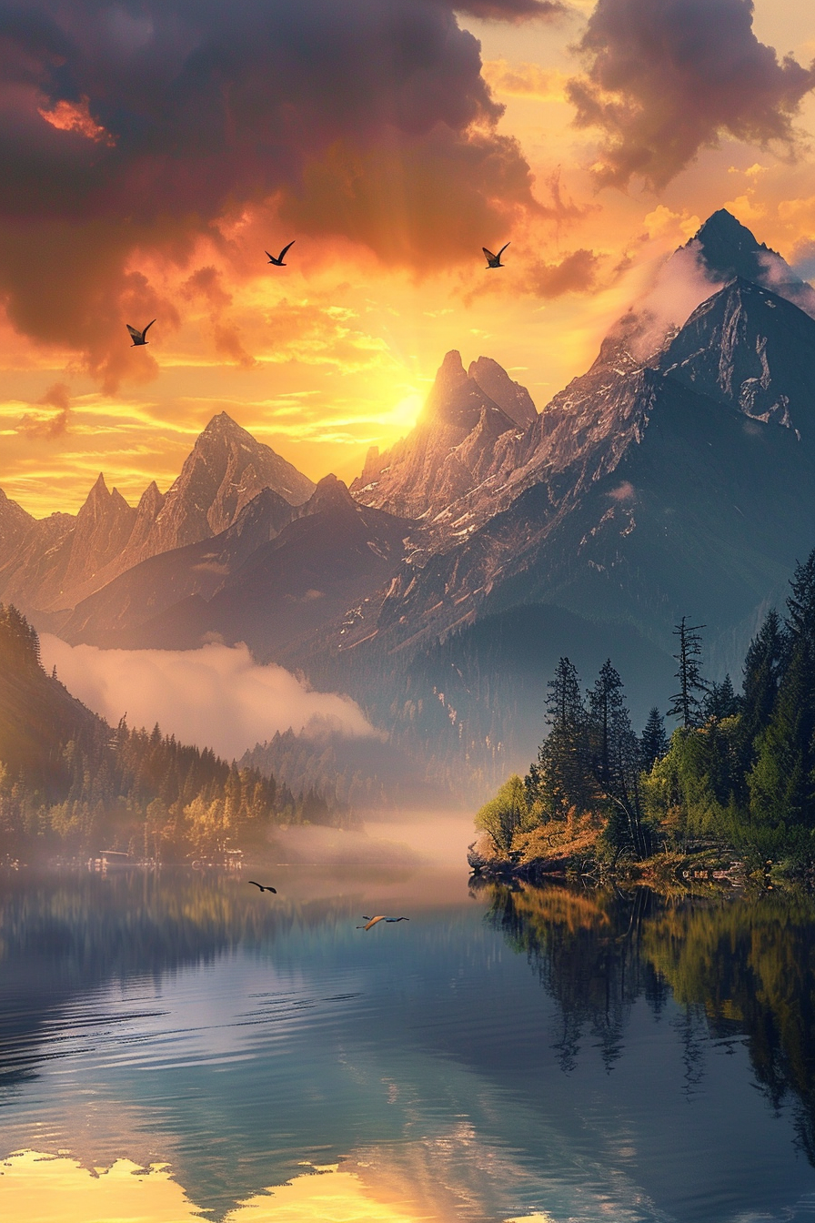 Golden sunrise over majestic mountain range with tranquil lake.