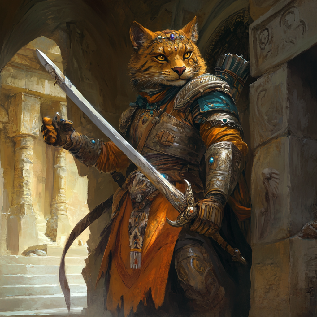 Golden tabaxi warrior protecting sandstone shrine with silver sword.