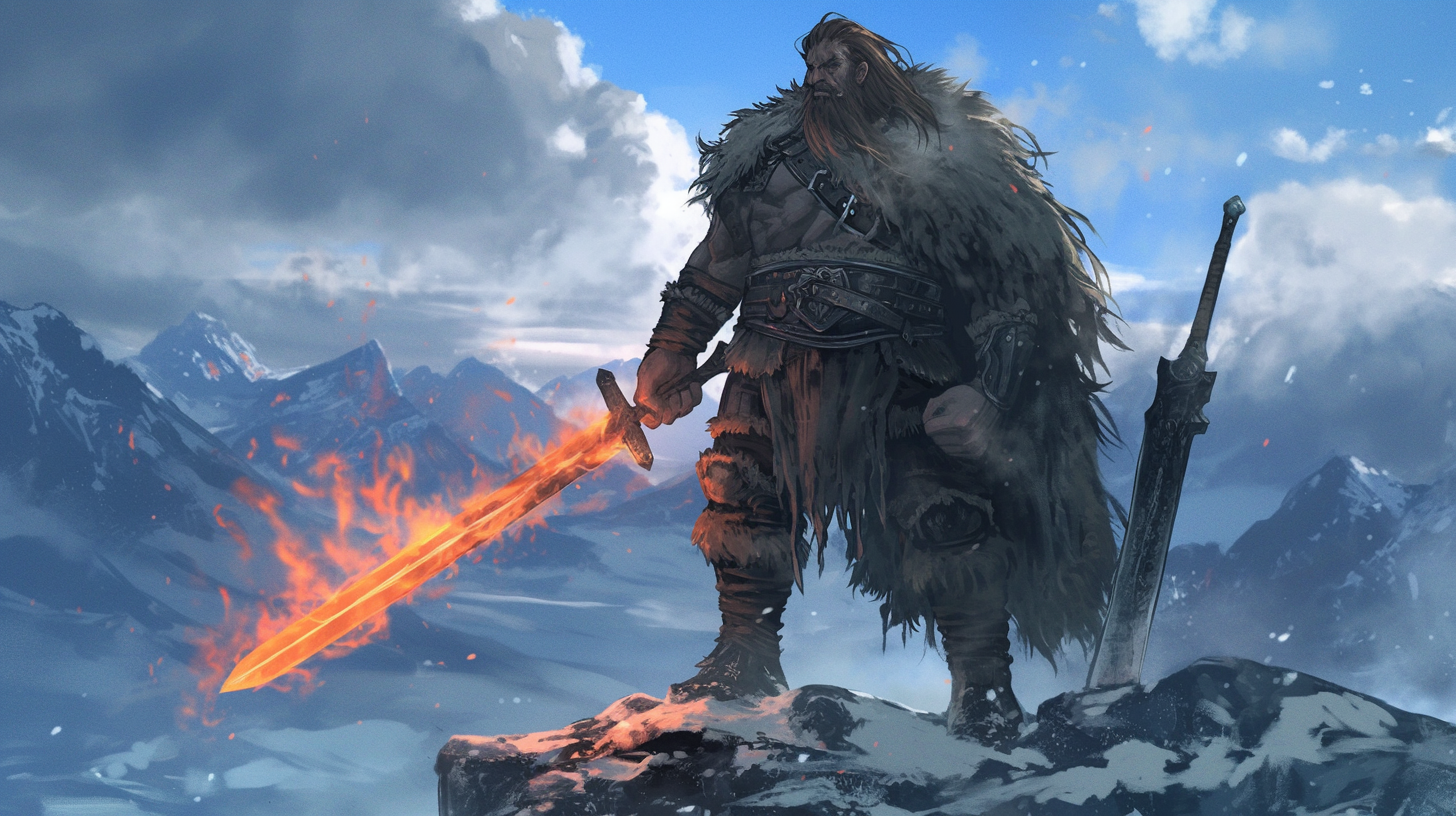 Goliath Warrior on Icy Mountain Peak with Flaming Sword.