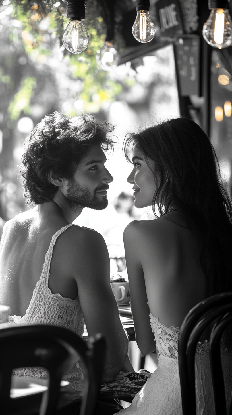 Good-looking models in white dresses drinking coffee at cafe.