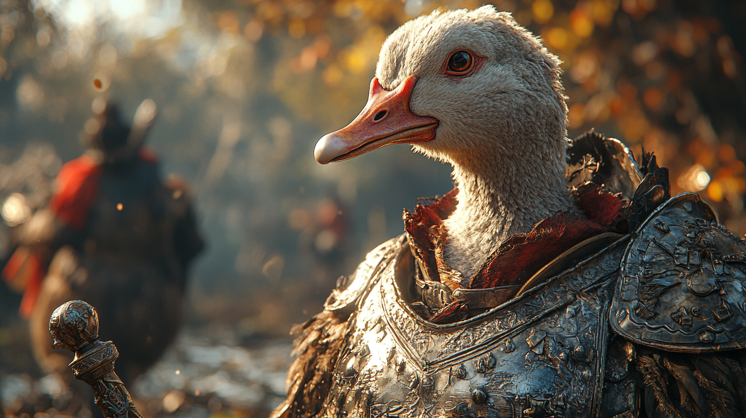 Goose knight ready for battle in silver armor.