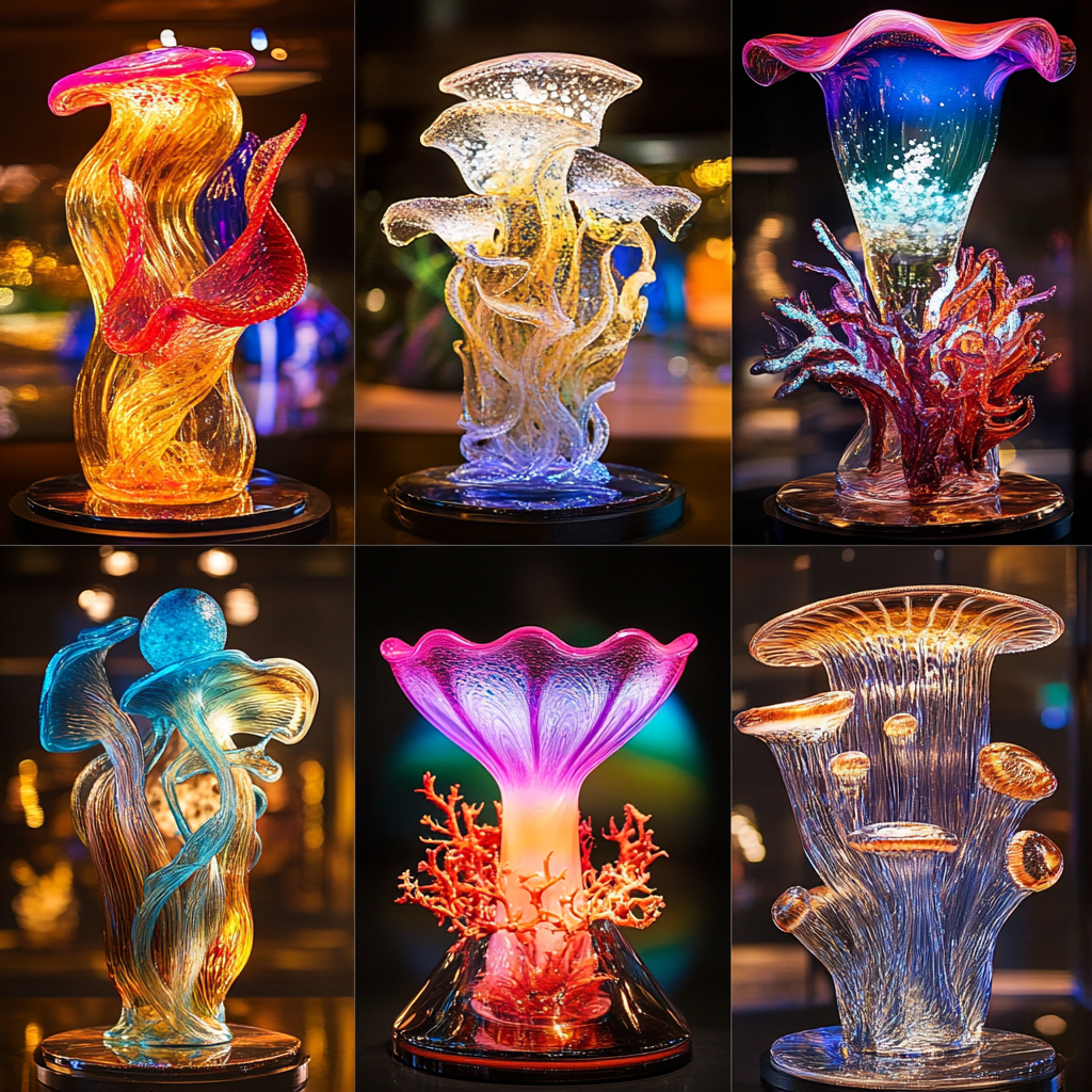 Gorgeous blown glass sea life lamps advertisements.