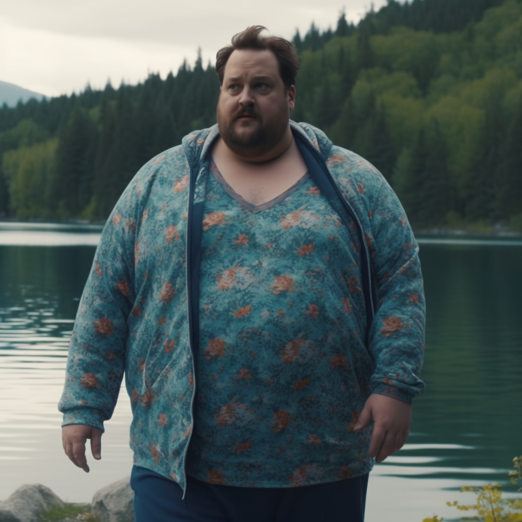 Gorgeous chubby man in floral athleisure by the lake.