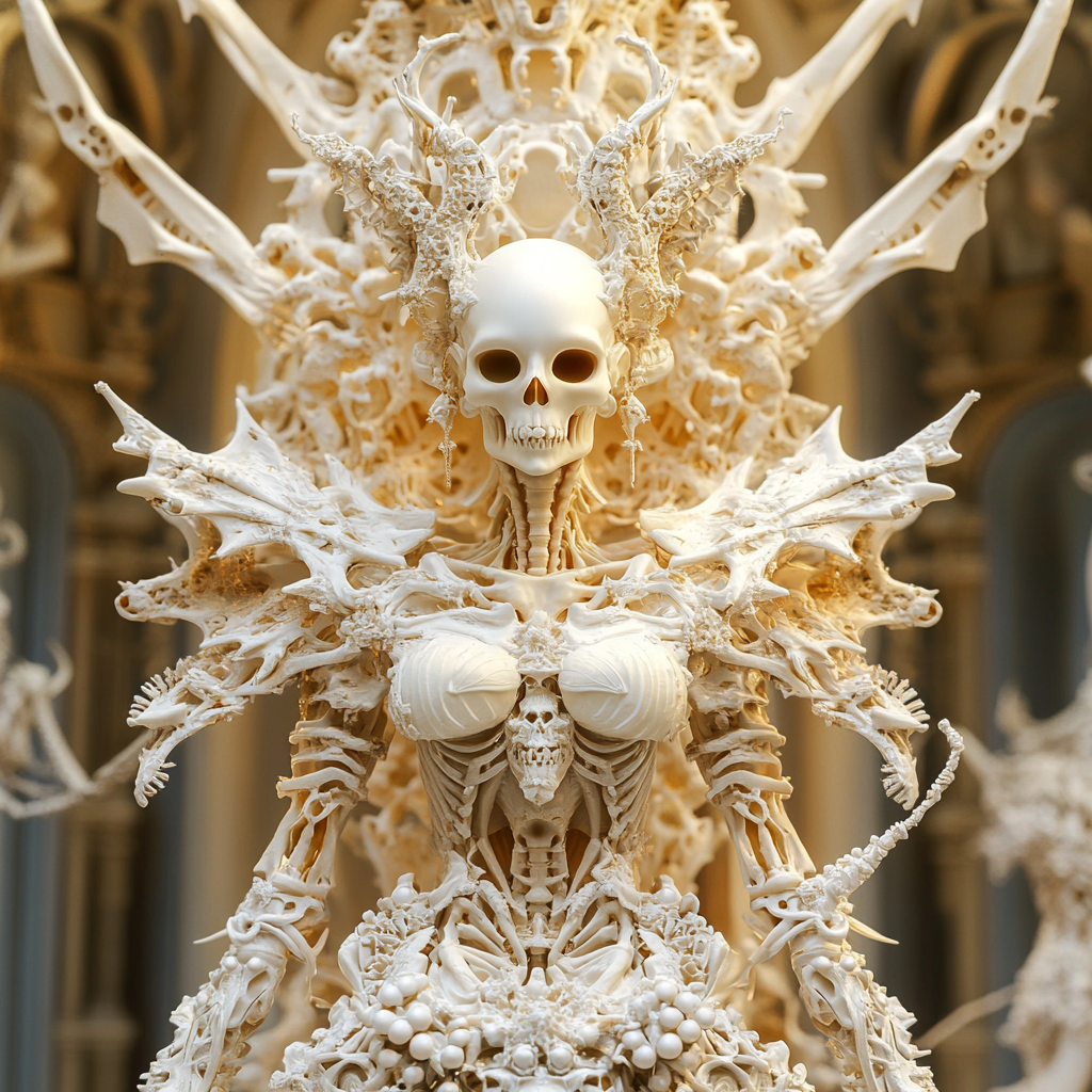 Gorgeous demon with cat skulls, ivory palace interior.