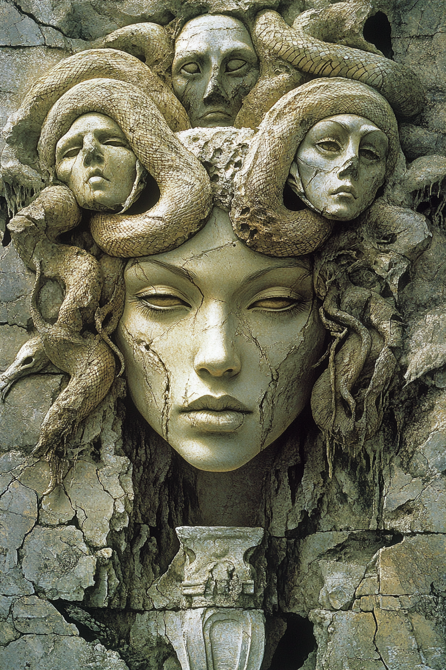 Gorgon with stone figures, serpents as hair, artists' styles.