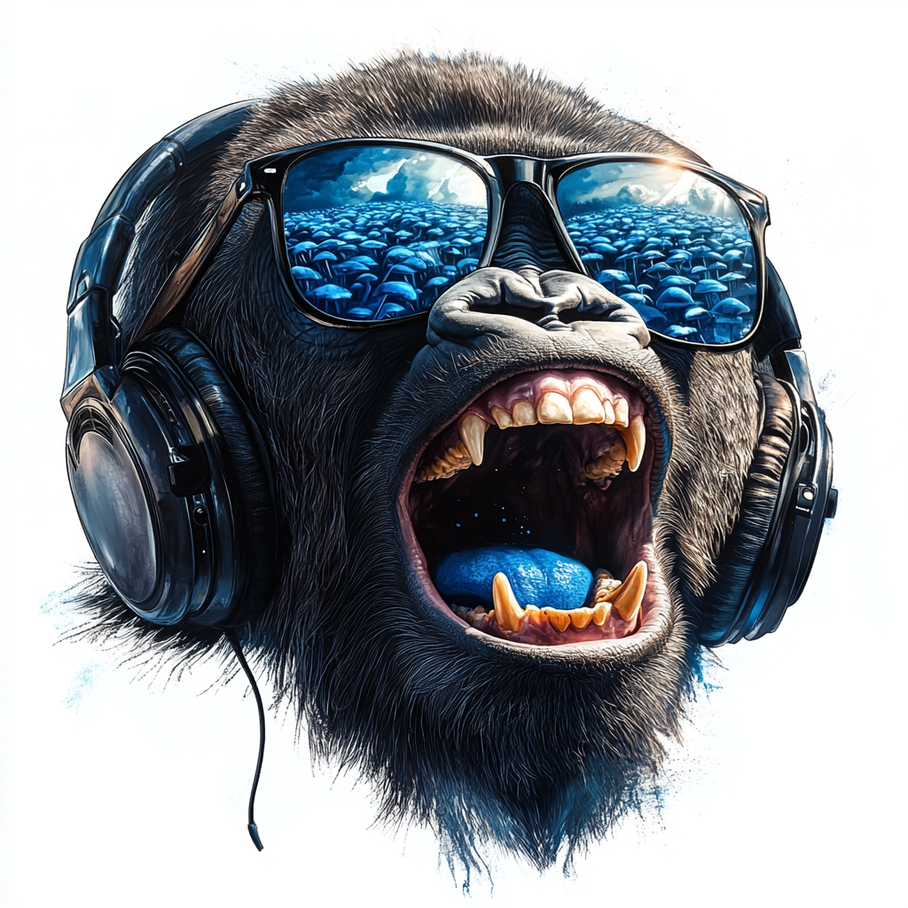 Gorilla drooling blue juice, sunglasses, headphones, mushrooms reflection.