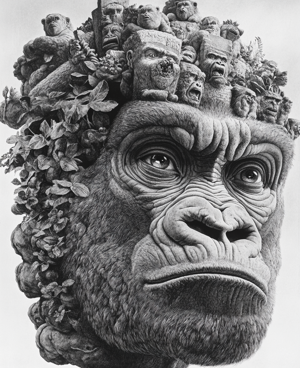 Gorilla head with plants and wildcats, in grayscale.