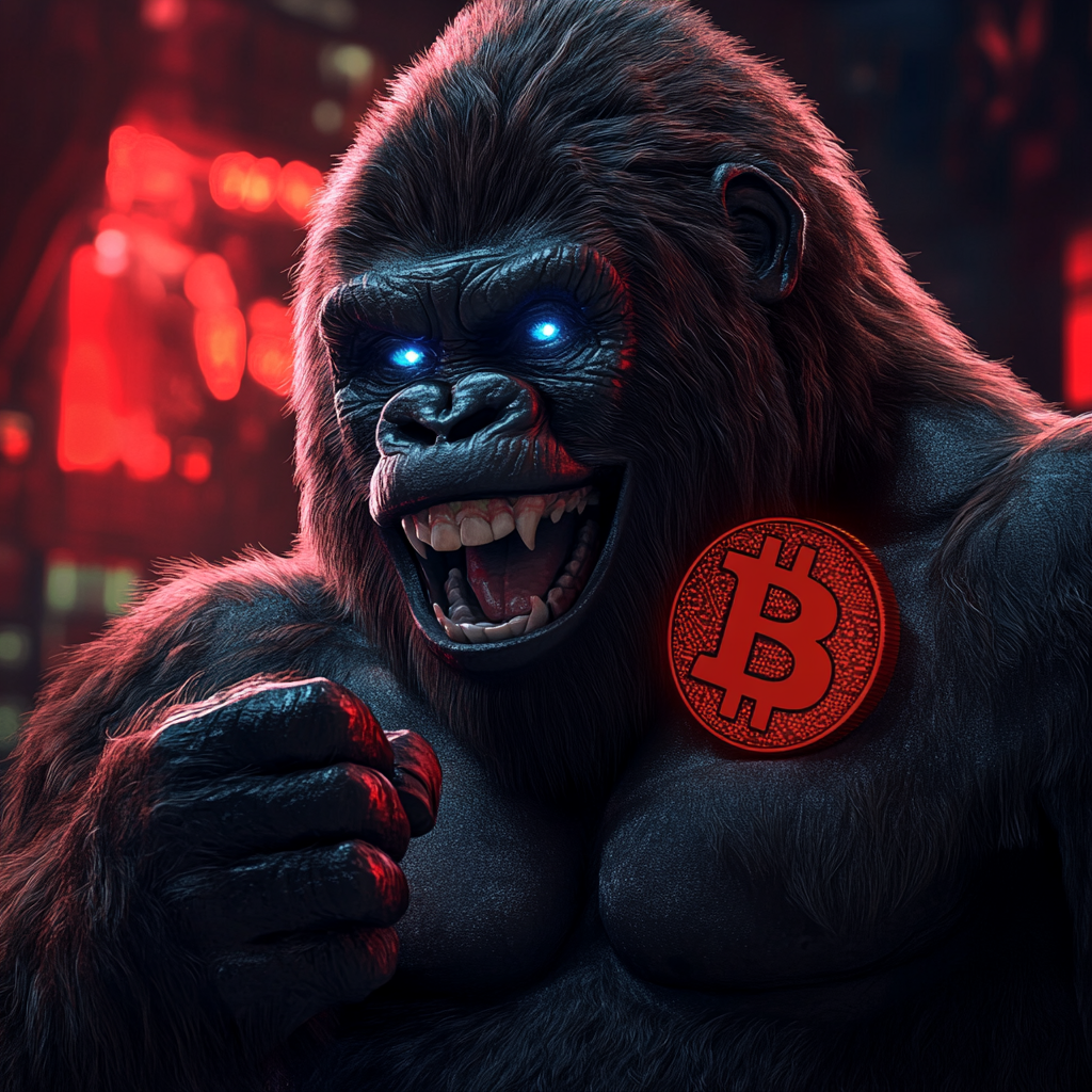 Gorilla holding red 3D bitcoin logo in shadows.