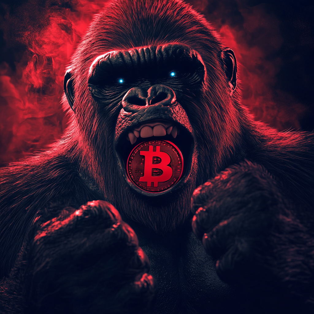 Gorilla holding red bitcoin logo, eyes glowing blue light.