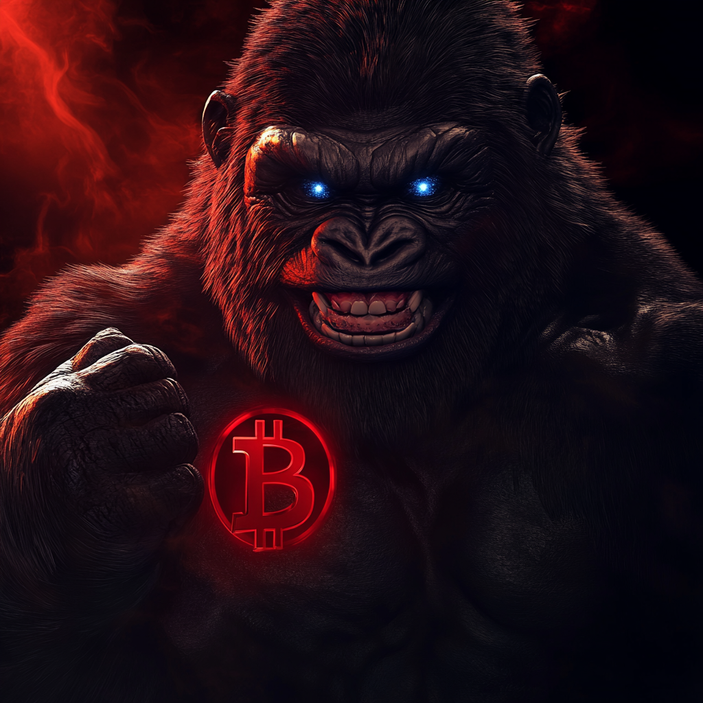 Gorilla holding red bitcoin logo in dark room.